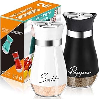 Salt and Pepper Shakers Set,4 oz Glass Bottom Salt Pepper Shaker with Stainless Steel Lid for Kitchen Gadgets Cooking Table, RV, Camp,BBQ Refillable Design (White + Black)