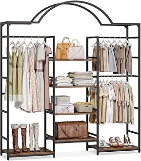 DWVO Heavy Duty Clothes Rack with Storage Shelves, Closet Organizer System for Hanging Clothes, 4-Tier Garment Rack Wardrobe with 3 Hanging Rods and 6 Shelves, Retro Black