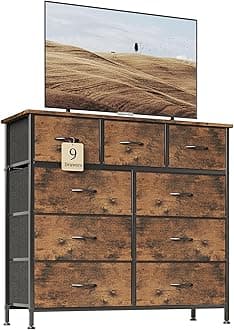 Flrrtenv Chest of Drawer with 9 Drawers, Modern Bedroom Cabinte, 9 Fabric Drawers with Wooden Top, Sturdy Metal Frame, Tall Rustic Brown Hallway Storage Unit
