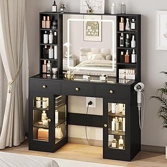 Black Vanity Desk with Mirror and Lights, Glass Top Vanity with Lighted Mirror & RGB Cabinet and 3 Drawers, Dressing Table with 8 Shelves, Makeup Desk with Lights for Girls Bedroom, 3 Color Modes