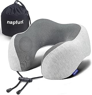 napfun Neck Pillow for Traveling, Upgraded Travel Neck Pillow for Airplane 100% Pure Memory Foam Travel Pillow for Flight Headrest Sleep, Portable Plane Accessories, Light Grey