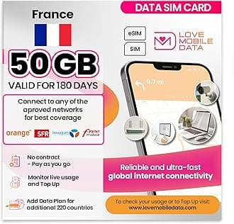 Love Mobile Data Only Sim Card - International Multi-Network 4G/5G Prepaid Pay As You Go Data Sim for Mobile Phones, WiFi Routers, & More, UK (O2, Three & Vodafone) & France - 50GB for 180 Days