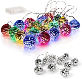 20 LED 2" Disco Balls String Lights 10.5ft, Memory Timer, Battery Operated Portable Decorative Novelty Christmas Holiday Hanging Fairy Light Garland Indoor/Outdoor, Silver Mirror/Colorful