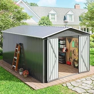 10x 12 FT Metal Storage Shed for Outdoor, Utility and Tool Storage for Garden, Backyard, Patio, Outside use with Lockable Door, Grey
