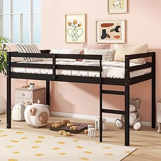 Bellemave Twin Size Low Loft Bed,Kids Loft Bed with Ladder,Solid Wood Low Loft Bed Twin Size for Girls Boys,Black