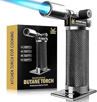 Butane Torch Lighter, Premium Metal Kitchen Torch with Adjustable Flame & Safety Buckle, Refillable Creme Brulee Torch for Baking, BBQ, DIY, Resin Art, Black, Butane Gas Not Included
