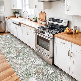3x12 Kitchen Hallway Runner Rugs: Vintage Machine Washable Long Carpet for Bedroom Bathroom Soft Anti-Slip Backing Floor Mat for Entrance Farmhouse(Green/Ivory, 3x12)OEKO-TEX STANDARD 100