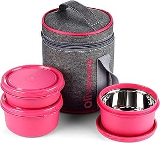Oliveware Monarch Lunch Box, Microwave Safe & Leak Proof, 3 Inside Steel Containers with BPA Free Airtight Lids (290ml, 450ml & 450ml), Fabric Bag - Pink