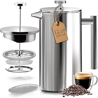KICHLY Cafetiere 2 Cups Stainless Steel French Press Coffee Pot Maker, Coffee Press with 3 Level Filtration System - Double Walled Insulated Caffettiere with 1 Extra Filter - 350ml / 12Oz - Silver