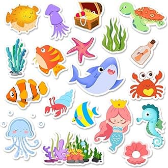 Sea Animals Gel Clings for Kids, 21PCS Thick Vinyl Decals, Cartoon Animal Stickers for Classroom, Home, Nursery, Airplane Birthday Party Supplies, Reusable, Water Resistant, Indoor Usage