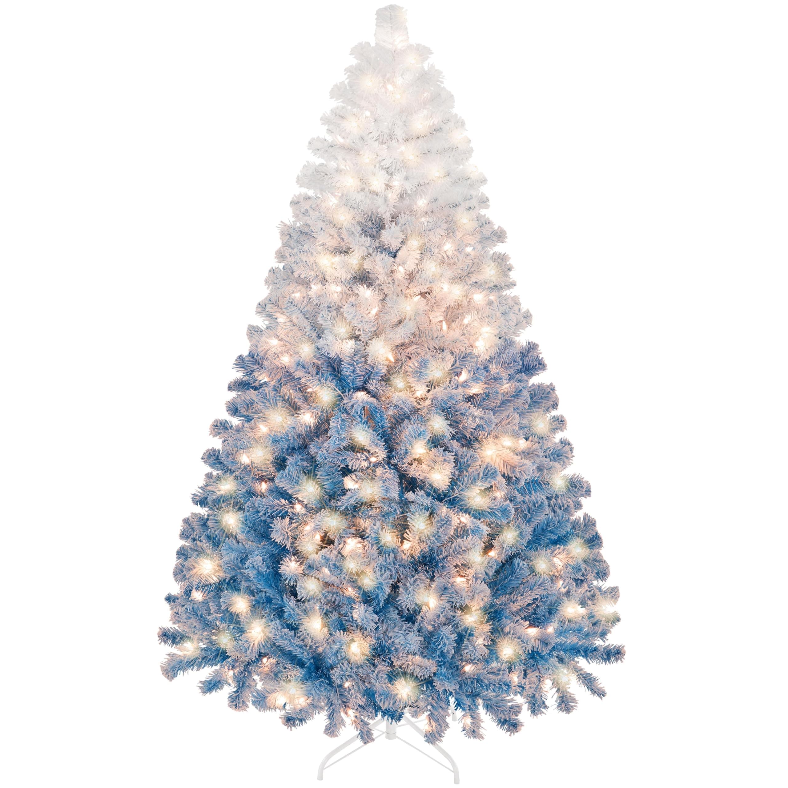 Yaheetech 6ft Pre-lit Artificial Christmas Tree with 250 Incandescent Warm White Lights, Snow Flocked Full Prelighted Xmas Tree with 820 Branch Tips & Foldable Stand, Lake Blue Gradient