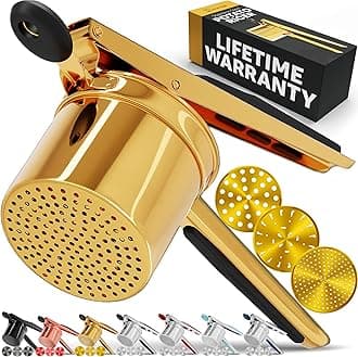 PriorityChef Large 15oz Potato Ricer With 3 Discs, Heavy Duty Stainless Steel Potato Ricer for Mashed Potatoes, Potato Masher, Press and Ricer Kitchen Tool, Gold Steel Black Silicone