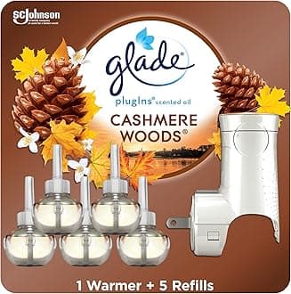 PlugIns Refills Air Freshener Starter Kit, Scented and Essential Oils for Home and Bathroom, Cashmere Woods, 3.35 Fl Oz, 1 Warmer + 5 Refills
