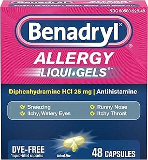 Benadryl Liqui-Gels Antihistamine Allergy Medicine & Cold Symptom Relief, Dye-Free Liquid Gels with 25 mg of Diphenhydramine HCl for Symptoms Such As, Runny Nose, Sneezing & More, 48 ct
