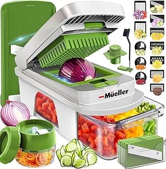 Mueller Pro-Series All-in-One, 12 Blade Mandoline Slicer for Kitchen, Food Chopper, Cucumber Slicer and Spiralizer, Cutter, Dicer, Grater, Gifts for Mom, Kitchen Essentials, White Sand/Green