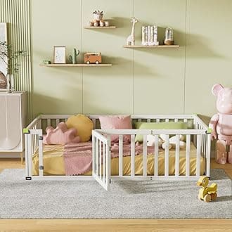 ROOMTEC Twin Size Montessori Floor Bed for Kids, Solid Wood Toddler Bed Frame w/Convertible Door and Safety Fence, Floor-Bed-Frame for Children Bedroom, Toddlers, Boys Girls, Kids Playroom, White