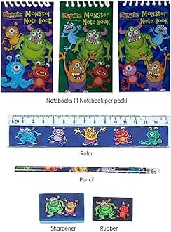 5 Piece Monster Stationery Set - Pencil, Sharpener, Rubber, Ruler & Notepad.
