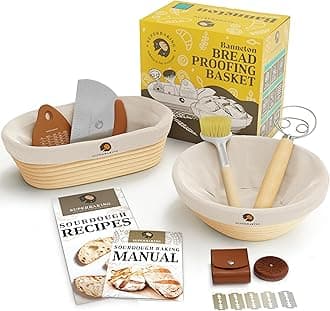 Superbaking Sourdough Proofing Basket Gift Set, Round 9" & Oval 10" Banneton, Sourdough Starter Kit, Sourdough Banneton Basket, Banneton Bread Proofing Basket Set of 2, Sourdough Bread Baking Supplies