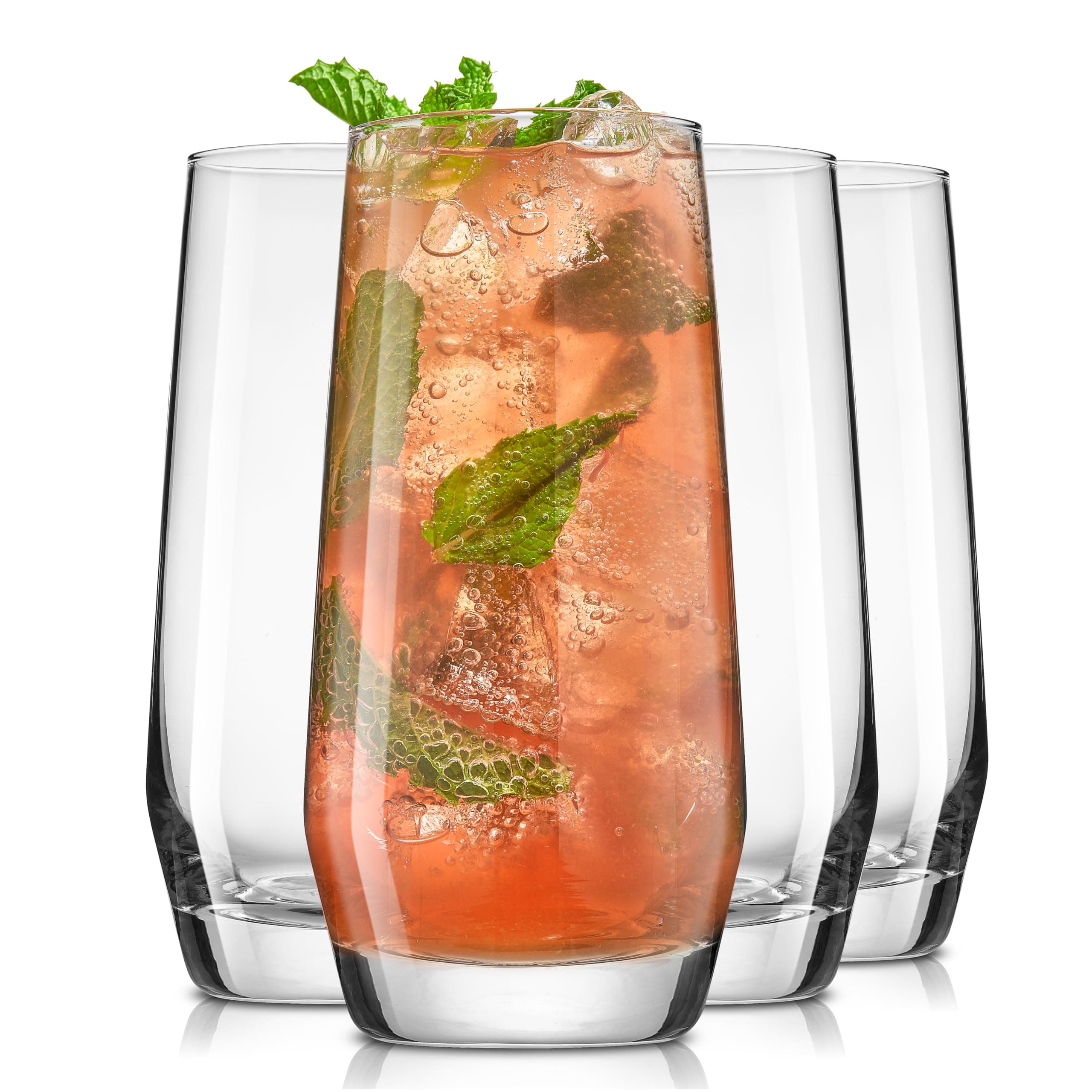 Gwen 18.5 oz Highball Glasses, 4pc Tall Glass Sets. Lead-Free Crystal Glass Drinking Glasses. Water Glasses, Mojito Glass Cups, Tom Collins Bar Glassware, and Mixed Drink Cocktail Glass Set