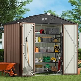 Gizoon Outdoor Storage Shed 8 x 6 FT, Galvanized Metal Garden Shed with Double Lockable Doors, Outdoor Storage Clearance for Backyard Patio Lawn-Light Brown
