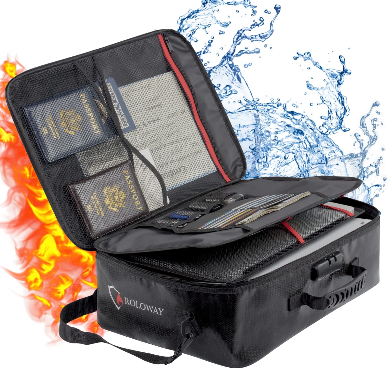 ROLOWAY Fire Retardant Document Bag with Lock (17 x 11.8 x 5 inches) Fireproof Document Safe Document Storage Bag for Critical Documents Storage Fireproof Document Box (Black), Black