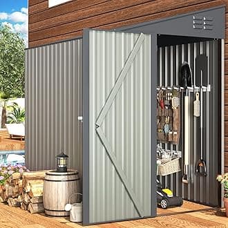 UNIONLINE 4x7 ft Lean to Storage Metal Shed | Garden Tool | 214x130m x203cm | Waterproof | 2.6m² 4.6m³ | Lockable Door | Bike Shed for Backyard Patio | Garbage Can | Grey
