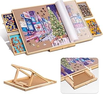 Tektalk Jigsaw Puzzle Table with Integrated Adjustable Stand/Bracket and Removable Cover, 3-Tilting-Angle Wooden Plateau Portable Puzzle Board with 4 Sorting Drawers, for Up to 1000 Pieces