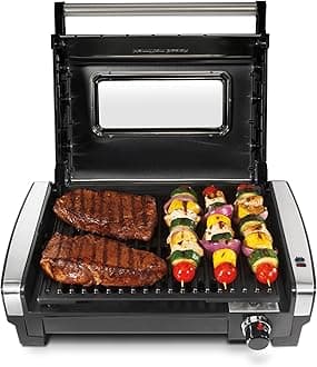 Electric Indoor Searing Grill with Viewing Window & Adjustable Temperature Control to 450F, 118 sq. in. Surface Serves 6, PFAS-Free Removable Nonstick Grate, Stainless Steel