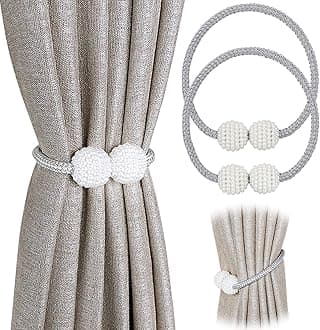 Pinowu Magnetic Curtain Tiebacks Convenient Drape Tie Backs (2 Pack) - Pearl Decorative Rope Holdback Holder for Small, Thin or Sheer Window Drapries (Gray)