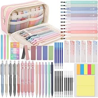 DazSpirit 61 PCS Aesthetic School Supplies with Cute Pencil Case, Pastel No Bleed Highlighters, Gel & Erasable Pens, Mechanical Pencils, Refills, Complete Essentials Stationery Kit for Students (Pink)