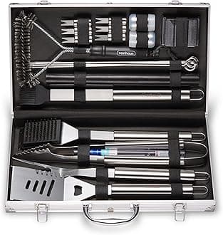 VonHaus BBQ Tool Set with Case, 25Pcs BBQ Accessories Kit Including Spatula, Fork, Tongs, Thermometer, Barbecue Grill Mat, Basting Brush & Cleaner, Heavy Duty Utensils for Outdoor Cooking