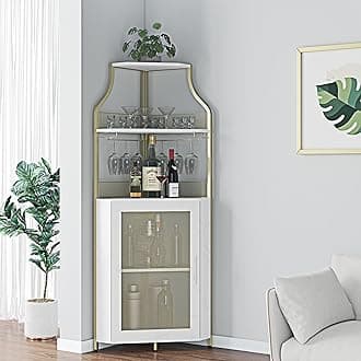 Corner Wine Cabinet with Removable Wine Rack, 5-Tier Industrial Corner Bar Cabinet with Barn Door and Glass Holder, Farmhouse Buffet Cabinet and Home Bar, Gold