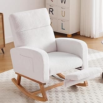 Rocking Chair Nursery with Foot Rest, Nursing Rocking Chairs for Mom Nursery, Teddy Rocker Glider with High Backrest for Living Room, Bedroom, White