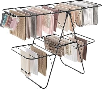Clothes Drying Rack, Foldable 2-Level Laundry Drying Rack, Free-Standing Laundry Airer, with Height-Adjustable Wings, 33 Drying Rails, Sock Clips, Black ULLR053B01V1