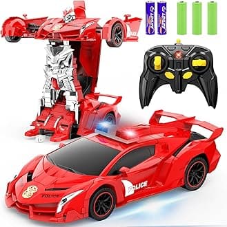 FDJ Transform Remote Control Car Robot, One Button Deformation to Robot with Flashing Light, 2.4Ghz 1:18 Scale Transforming Police Car Kids Toys with 360 Degree Rotating Drifting, Toys for Boys Girls