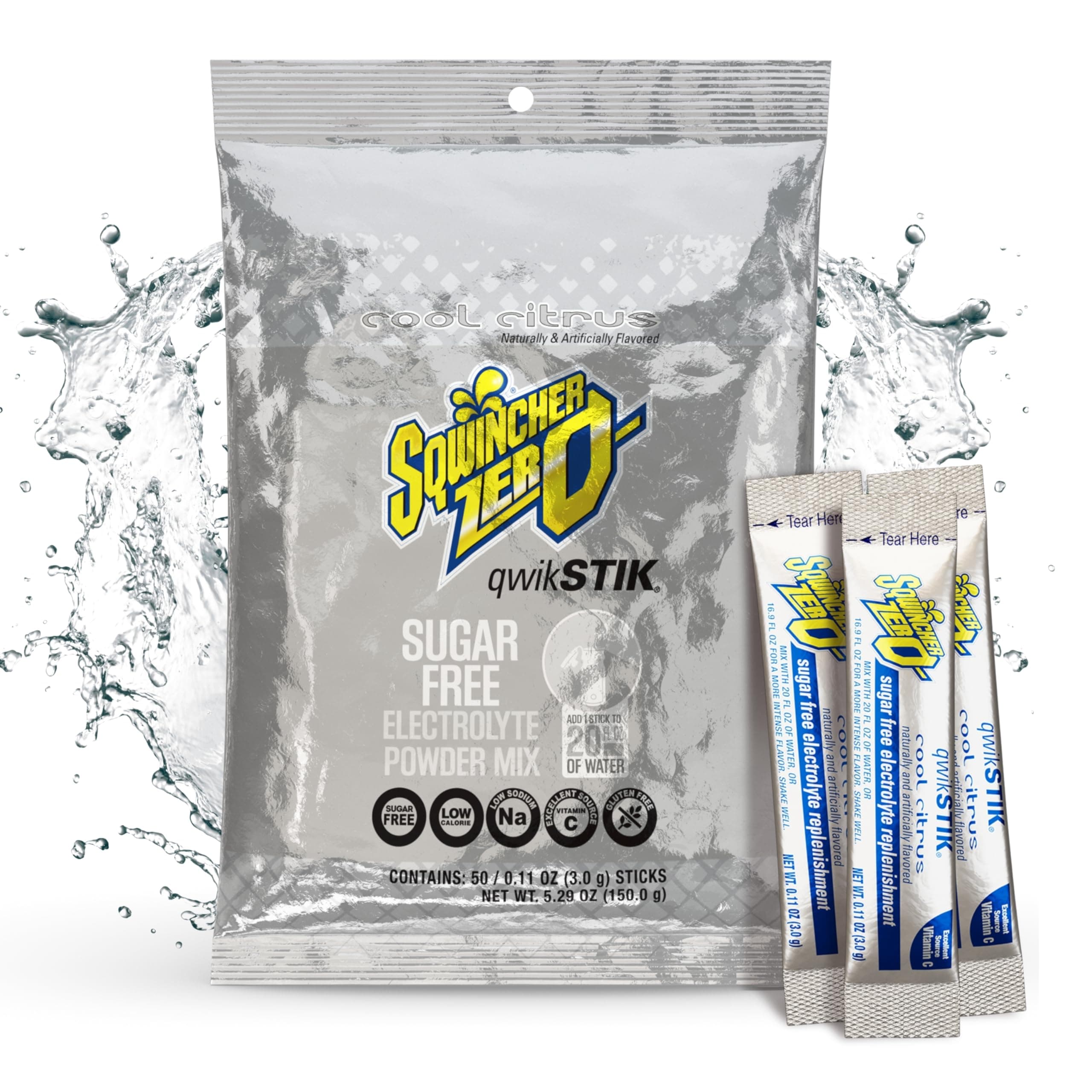 Sqwincher Zero Qwik Stik, Cool Citrus, Sugar Free, Low Calorie, Low Sodium Electrolyte Powder Hydration Drink Mix, .11 0z Packet (Pack of 50)
