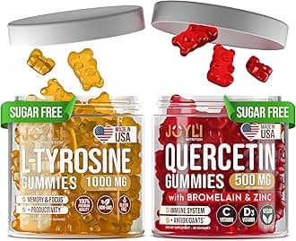 Joyli L-Tyrosine + Quercetin Gummies – Focus, Memory & Immune Support – Vegan Formula with Vitamin C, D3, Zinc & Bromelain – 2 Pack for Adults & Kids