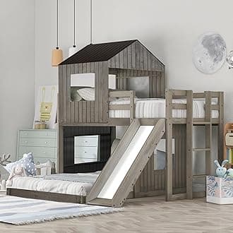 Merax Twin Over Full Bunk Bed Frames Loft Bed with Slide, House Roof, Window and Safety Guardrails for Teens, Boys or Girls