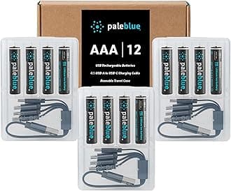 paleblue USB Rechargeable AAA Lithium Batteries, 1 Hour Charge Time, Recharge Over 1000 Times, 600 mAh, 4-in-1 USB-A to USB-C Charging Cable, 12 Pack