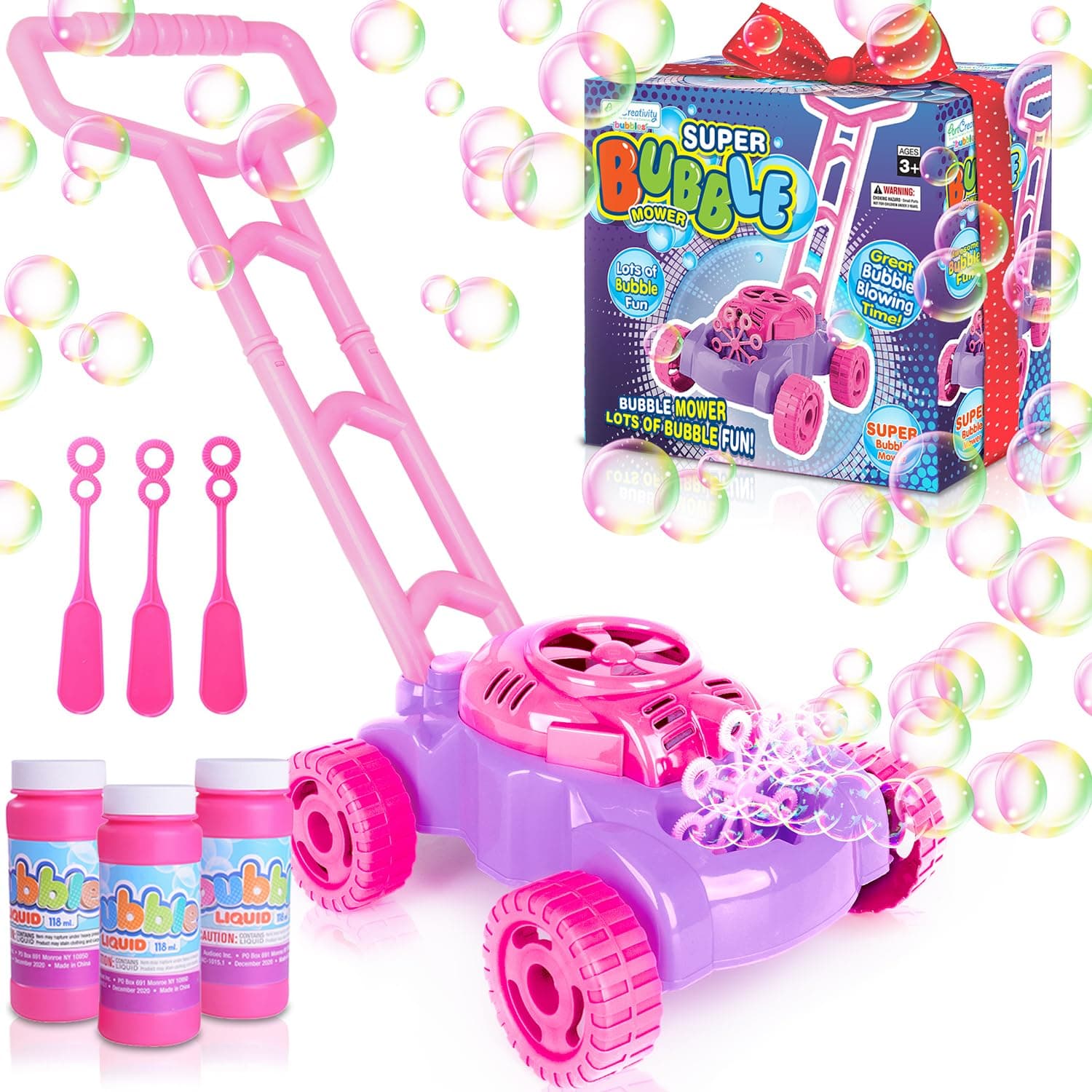 Bubble Lawn Mower for Toddlers | Electronic Bubble Blower Machine | Fun Bubbles Blowing Push Toys for Kids | Bubble Solution Included | Christmas Birthday Gift for Girls, Pink and Purple