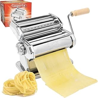 Imperia Italian Double Cutter Pasta Machine, Homemade Pasta Maker with Detachable Wooden Handle, Adjustable Dial with Six Thickness Settings