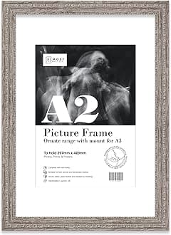 A2 Walnut Ornate Picture Frame With White Mount for A3 (29.7 x 42cm - 11.7 x 16.5in) Poster, Photo, Artwork, or Print. Antique Style Portrait and Landscape Display with Wall Hooks