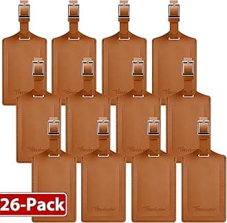 Travelambo 26 Pack Luggage Tags for Suitcases Privacy Protection Bag Tags Faux Leather Travel Accessories Essential, Yellowish Brown