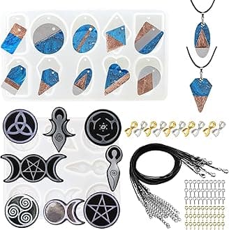 Allazone Resin Silicone Mould, 2 Pack Geometry Pendant Jewelry Casting Resin Silicone Mould Sun Moon Star Resin Moulds with Black Wax Rope and Pendant Buckle for Jewelry Making
