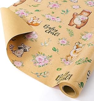 WERNNSAI Baby Girl Kraft Wrapping Paper Roll - 1 Roll 17” x 33 ft Baby Shower Wrapping Paper for Girls Kids Birthday Gift Wrap Supply Woodland Animals Design New Born Party Favor