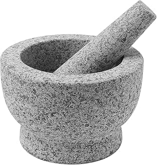 Granite Mortar and Pestle Pill Crusher Set - Easy Grip Non-Slip Stone Muddler & Deep Bowl with Silicone Lid - Grinder for Pills, Tablets, Vitamins or as Molcajete Herb for Salsa Guacamole and More