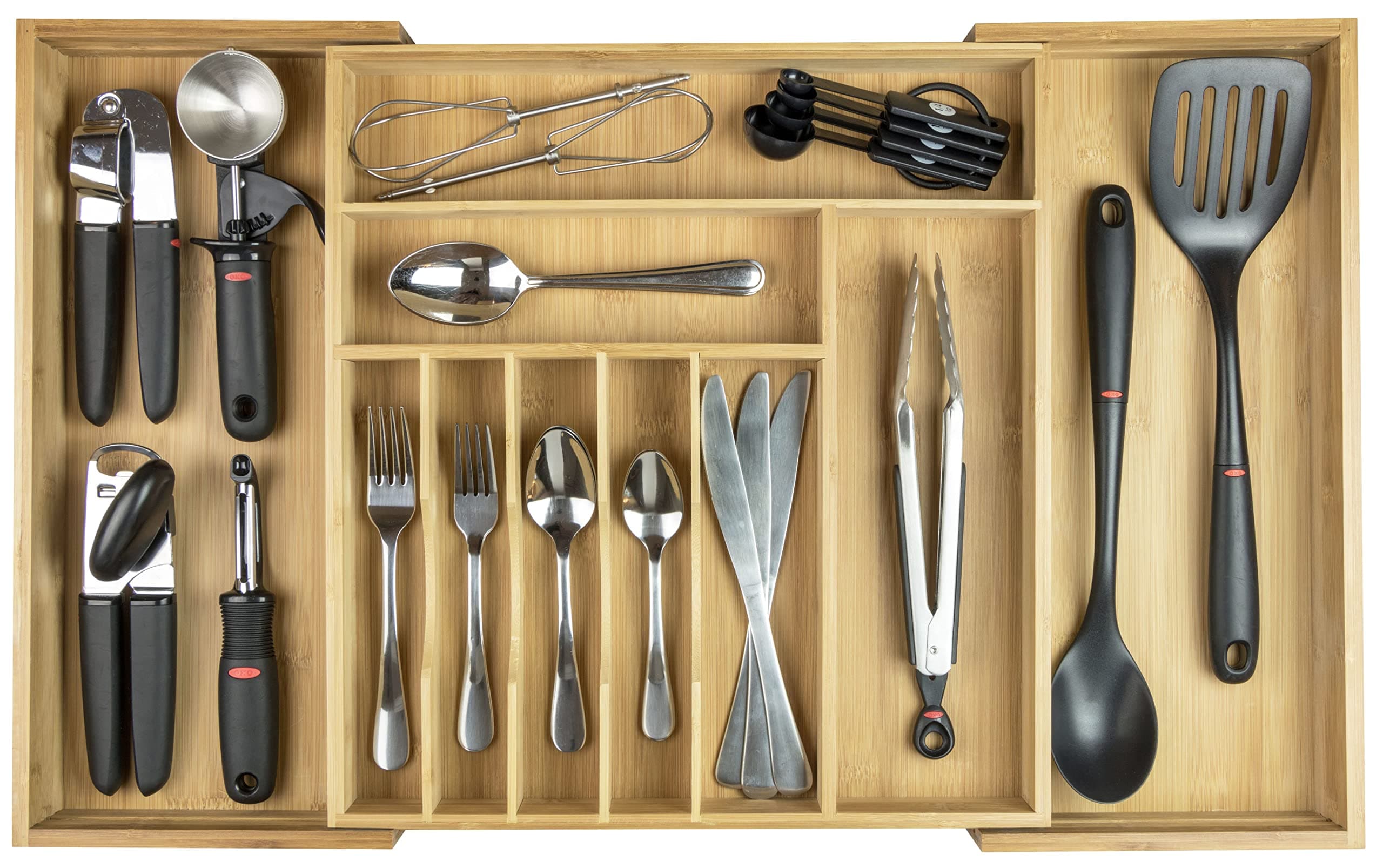 KitchenEdge Premium Silverware, Flatware and Utensil Organizer for Kitchen Drawers, Food-Safe Contract Grade, Expandable from 16 to 28 In, Natural Bamboo