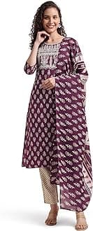 MIRCHI FASHIONWomen's Designer Straight Fit Cotton Printed and Embellished Kurta Set with Trouser Pant and Dupatta