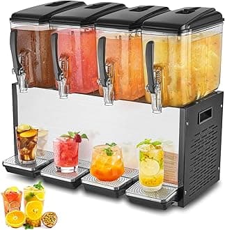 VEVOR Commercial Beverage Dispenser, 4 Tanks 12 L / 12.7 QT Per Tank Juice Dispenser, 510W Stainless Steel Ice Tea Drink Machine with 45°F-54°F Cooling Temperature, for Cold Drink Restaurant Bar Party