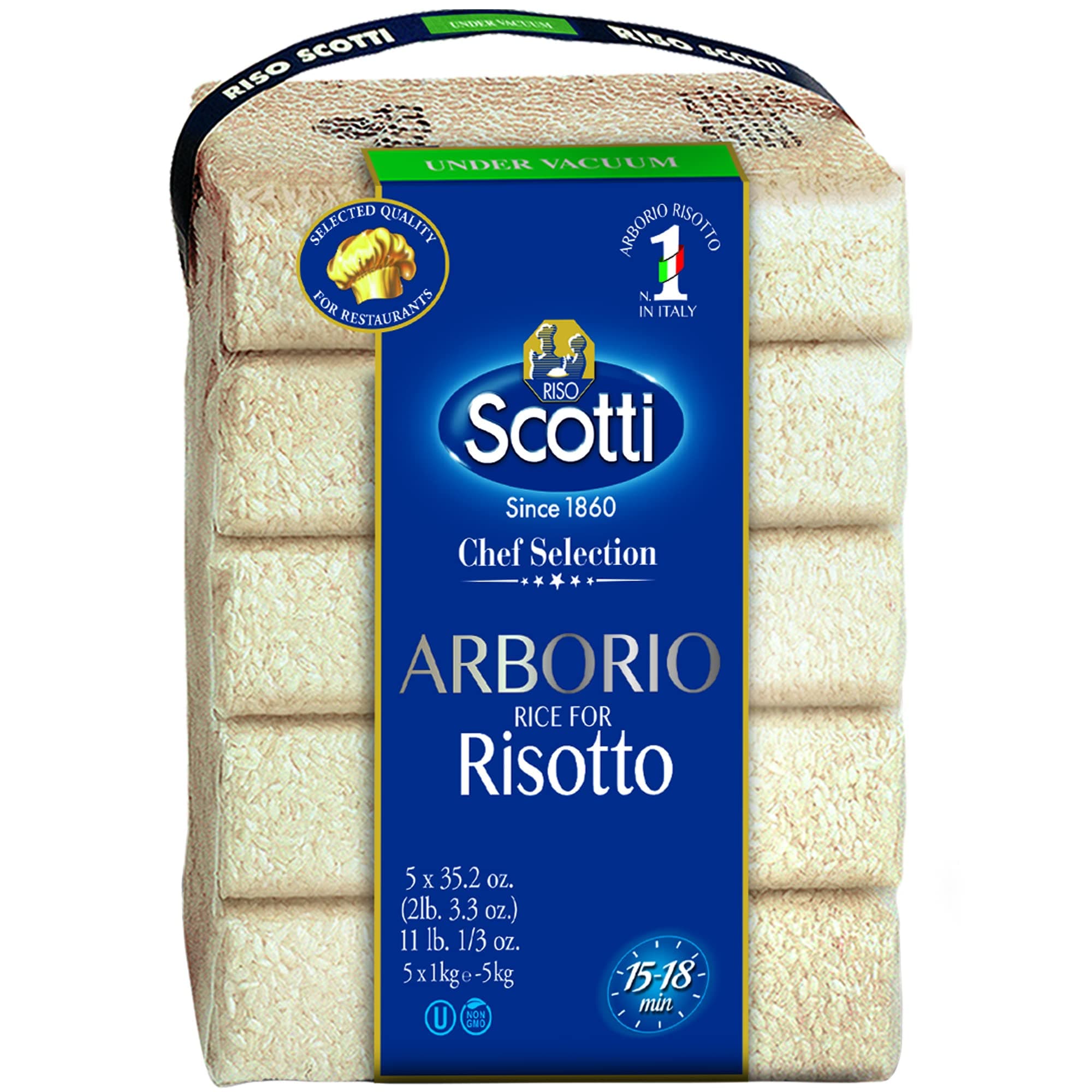 Riso Scotti Arborio Rice for Risotto, 11 lbs (5x1 kg) Product of Italy, Chef Selection, Gluten Free, Non-GMO, Vacuumed Packed
